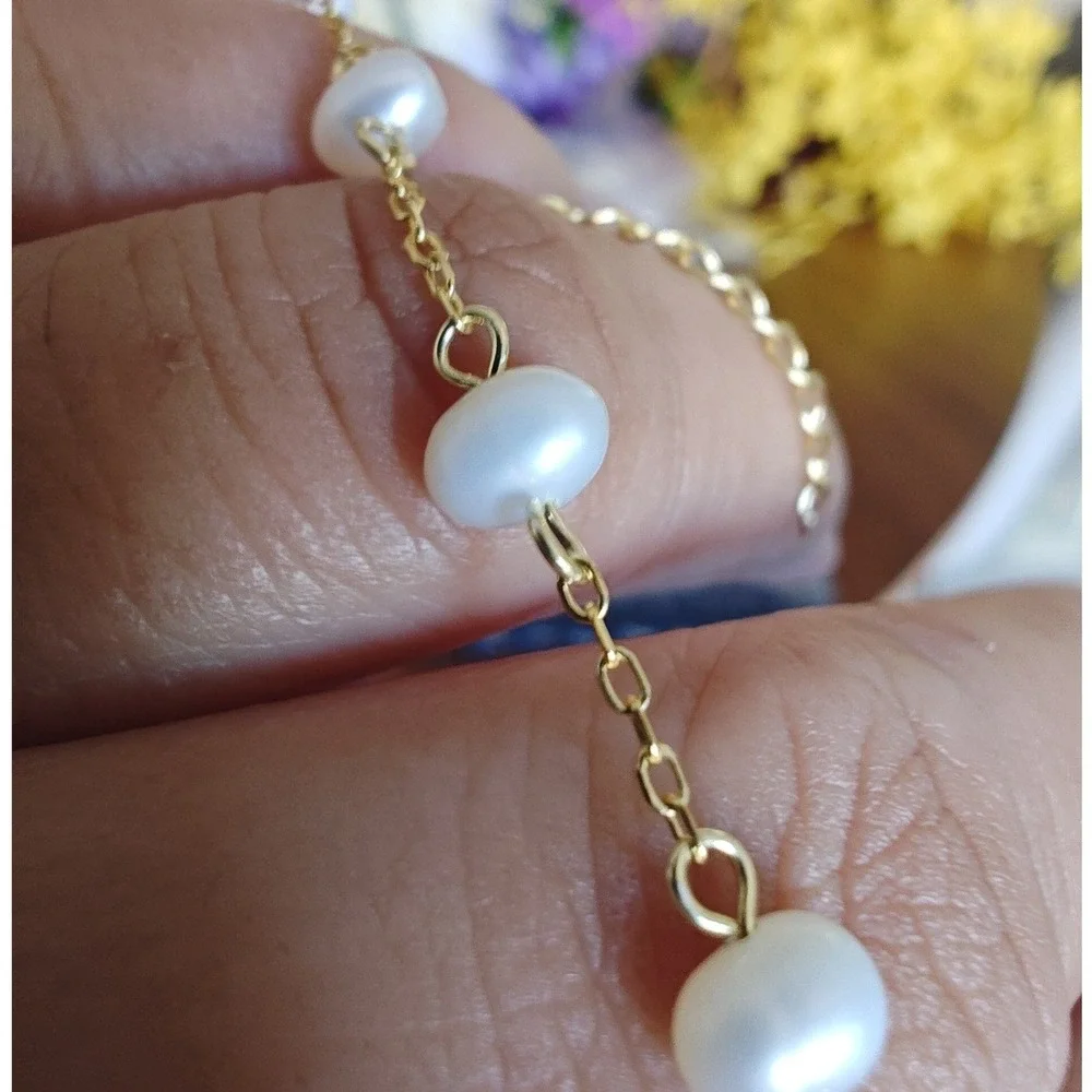 Bracelet Gold Freshwater Pearl Station Dainty Minimalist Adjustable